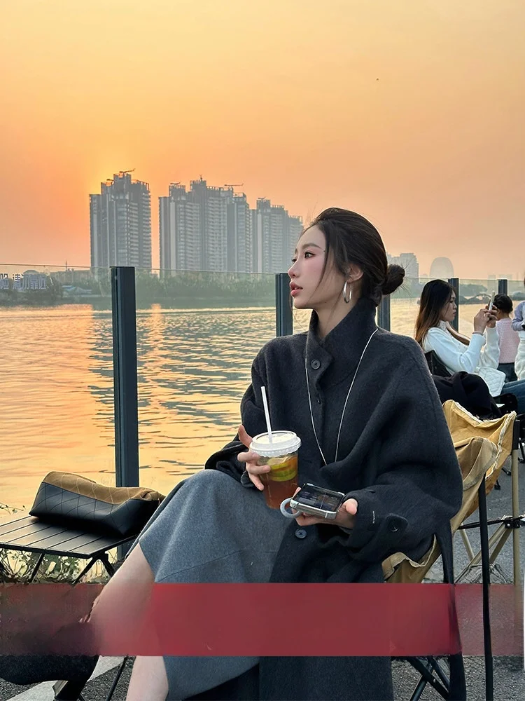 

Двустороннее шерстяное пальто ZQ, повседневное, из 100% шерсти, удлиненное, с воротником-стойкой, для молодежи, женское