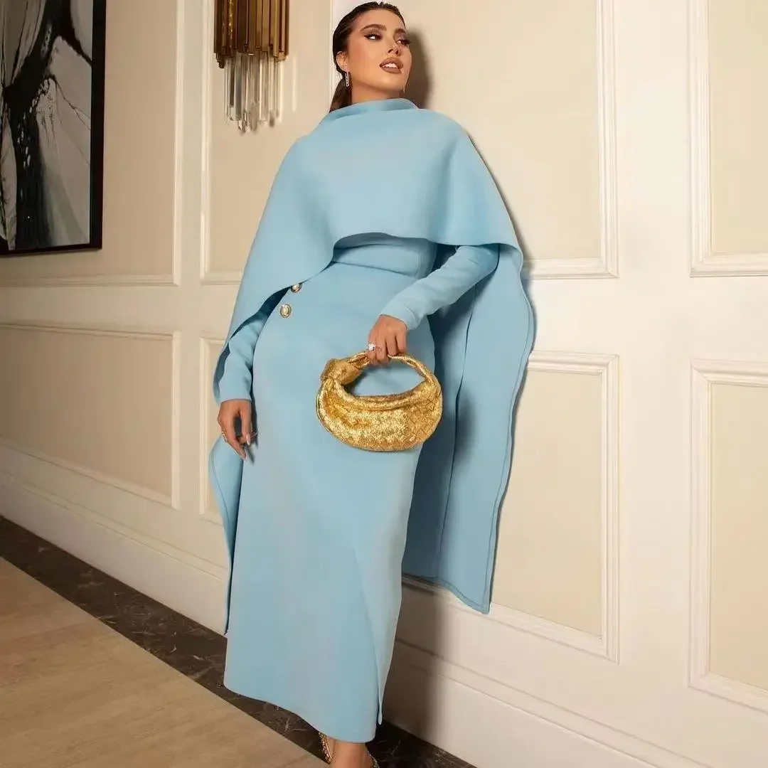 

Customized Prom Dresses Long Sleeves With Cape Button Sheath Ankle-Length Arabia Women Formal Occasion Vestidos De