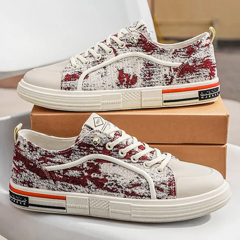 Mens Casual Canvas Shoes, Printed Low Top Lace‑up Skate Sneakers, Lightweight Breathable Wear‑Resistant Non‑Slip Daily Footwear view 4