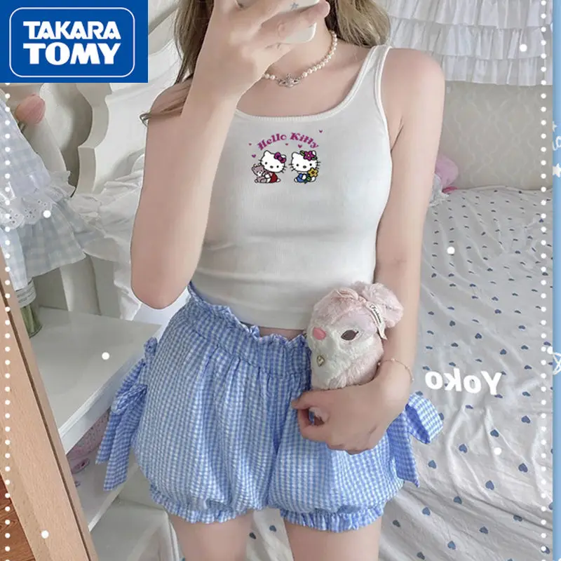 

Милая хлопковая дышащая подкладка TAKARA TOMY с принтом Hello Kitty для девочек, белый жилет для студентов, короткая верхняя одежда на бретельках, милая слинг