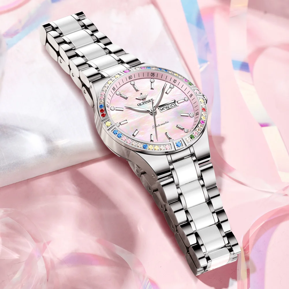 OUPINKE Original Luxury Automatic Watch for Women Waterproof Elegant Diamond Ceramic Ladies Wristwatch Import Mechanical Watches