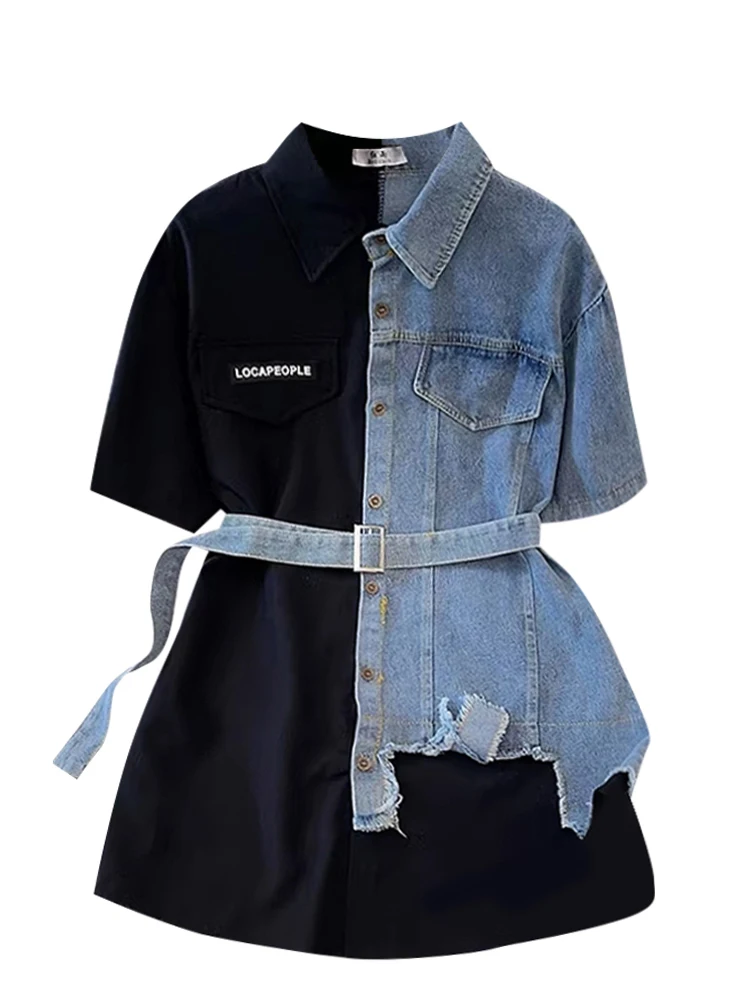 Abito camicia a trapezio patchwork in denim da donna anni \'90 Mini abiti vintage neri a maniche corte Y2k Abiti eleganti in un unico pezzo Abiti