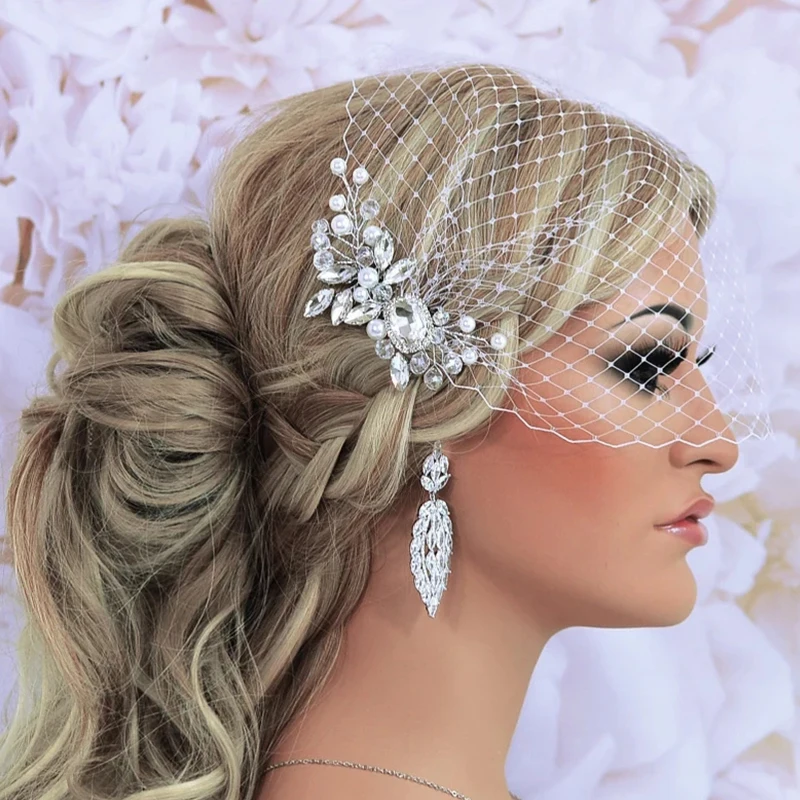 

Birdcage Veil Shiny Pearls Rhinestones Bridal Hair Comb Veil Elegant Wedding Headband Veil Blusher Veils for Woman Fascinator