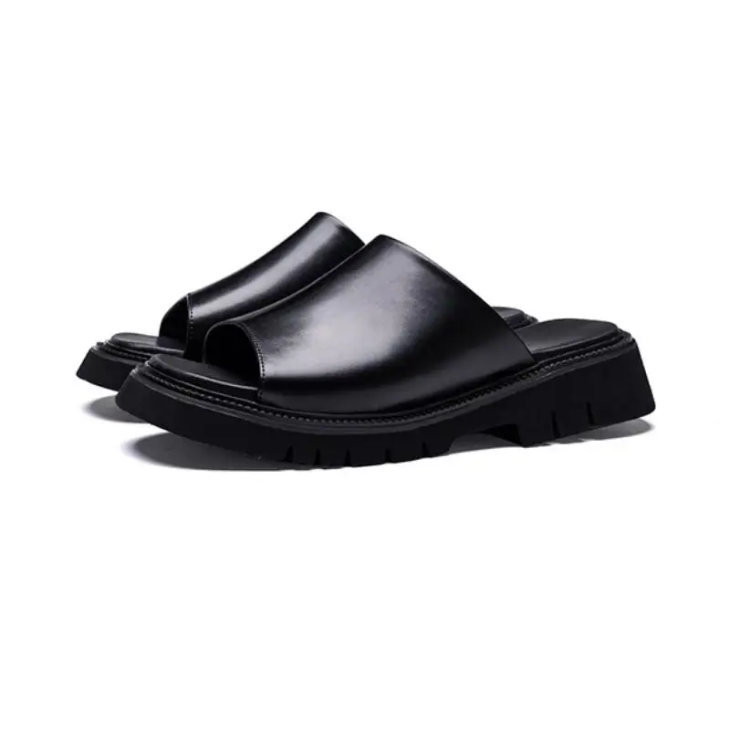 New Summer Genuine Leather Slippers Men Slides Sandal Shoes 4cm Height Increase Outdoor Leisure Shoes Slip-On Slippers Sandals