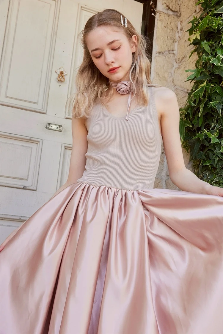 Japanse nieuwe zoete mode gebreide patchwork satijnen lange jurk lente herfst nieuwe dames slanke elegante prinsessenjurk Franse jurk