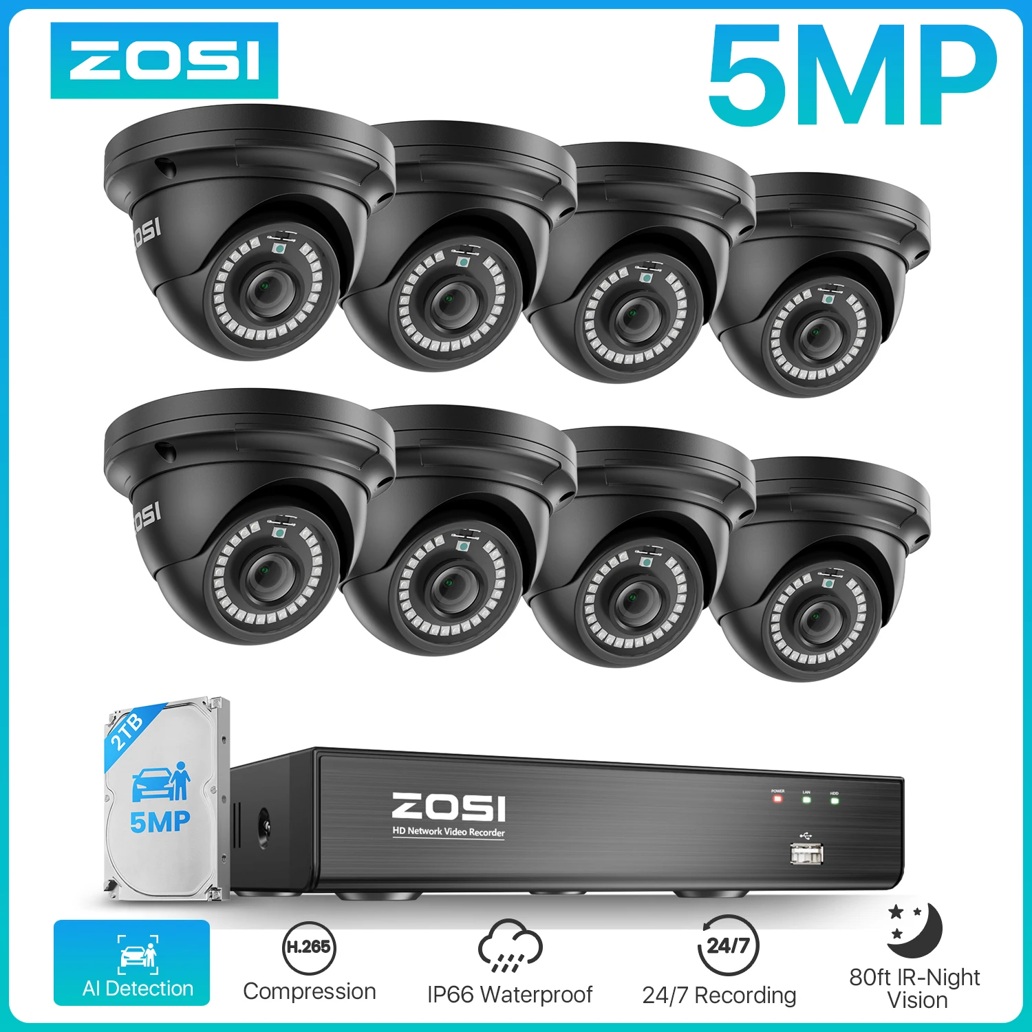 ZOSI 8CH 5MP PoE Security Camera System Outdoor Indoor H.265+ 4K NVR 2TB HDD for 24/7 Home Recording 8X5MP Dome Surveillance Cam