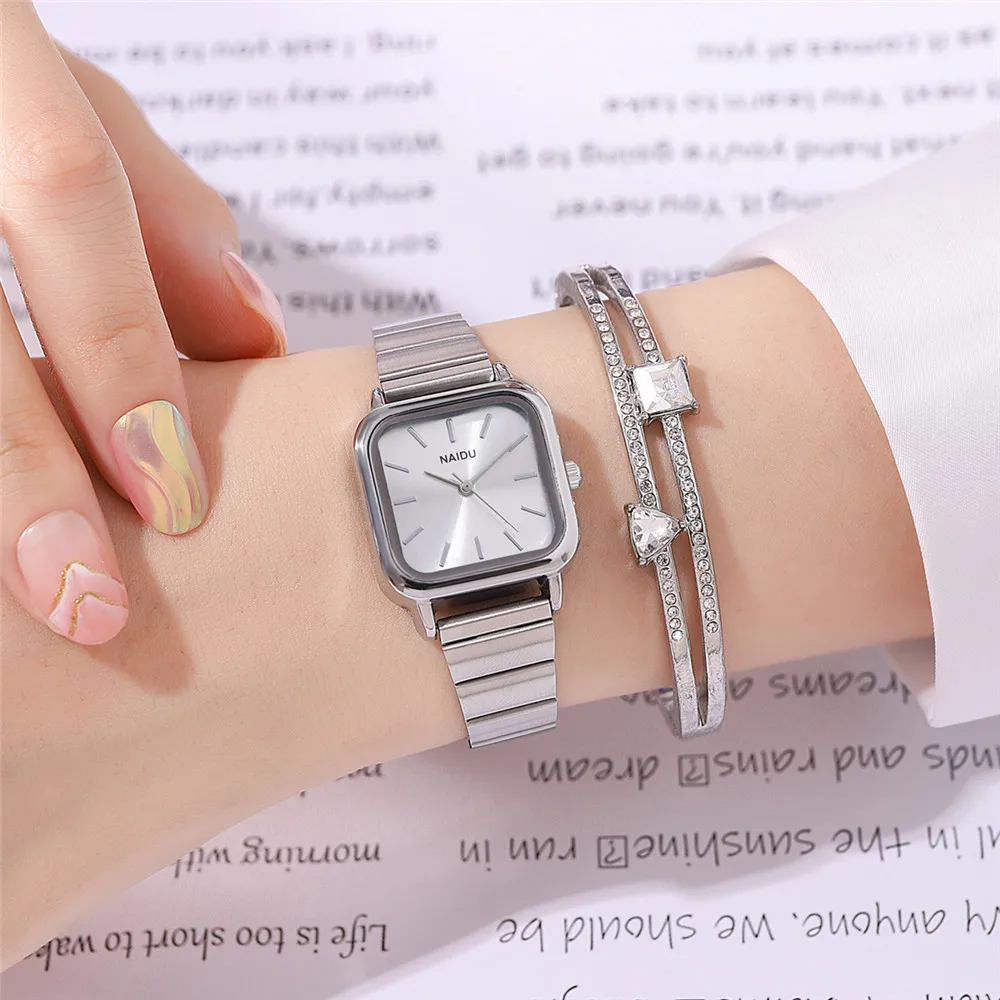 2 قطعة/المجموعة أزياء عالية الجودة بسيطة مربع الطلب المرأة الصلب الفرقة كوارتز اللباس ووتش #3