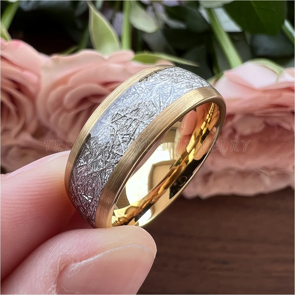 8mm 3 Colors Meteorite Inlay Tungsten Carbide Rings for Men Women Wedding Band Domed Brushed Finish Comfort Fit