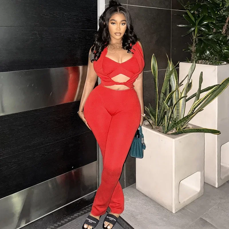 

2025 New Solid 3 Piece Set Women Tracksuits Tanks + Twist Sleeveless Crop Tops + High Waist Pencil Pants Casual Streetwear Suits