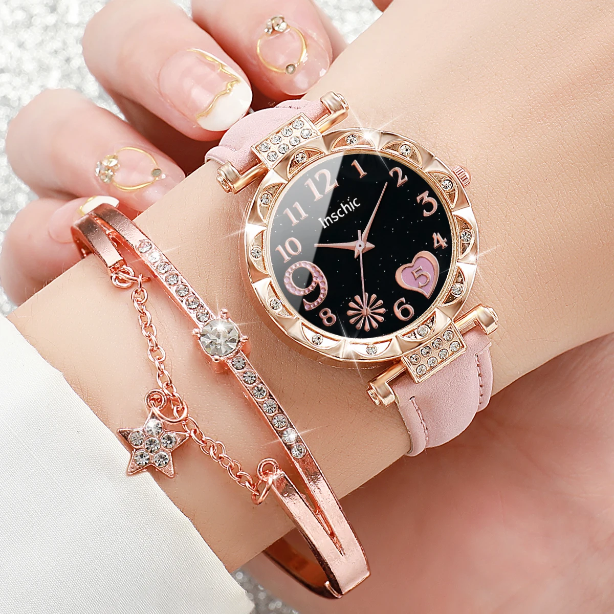 2PCS/Set Fashion Rhinestone Heart Dial Women Watches Leather Band Analog Quartz Watch Star Bracelet Bangle Set(Without Box)