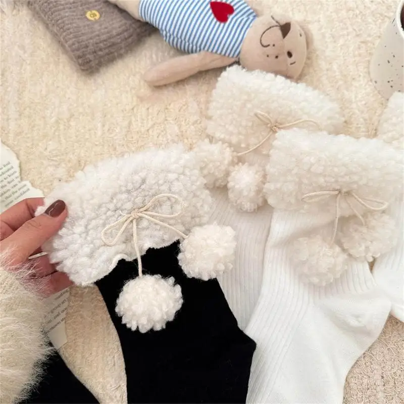 

Fashion Women Winter Calf Socks JK Japanese Sweet Faux Lamb Wool Trim Plush Ball Bow Ribbed Knit Middle Tube Socks