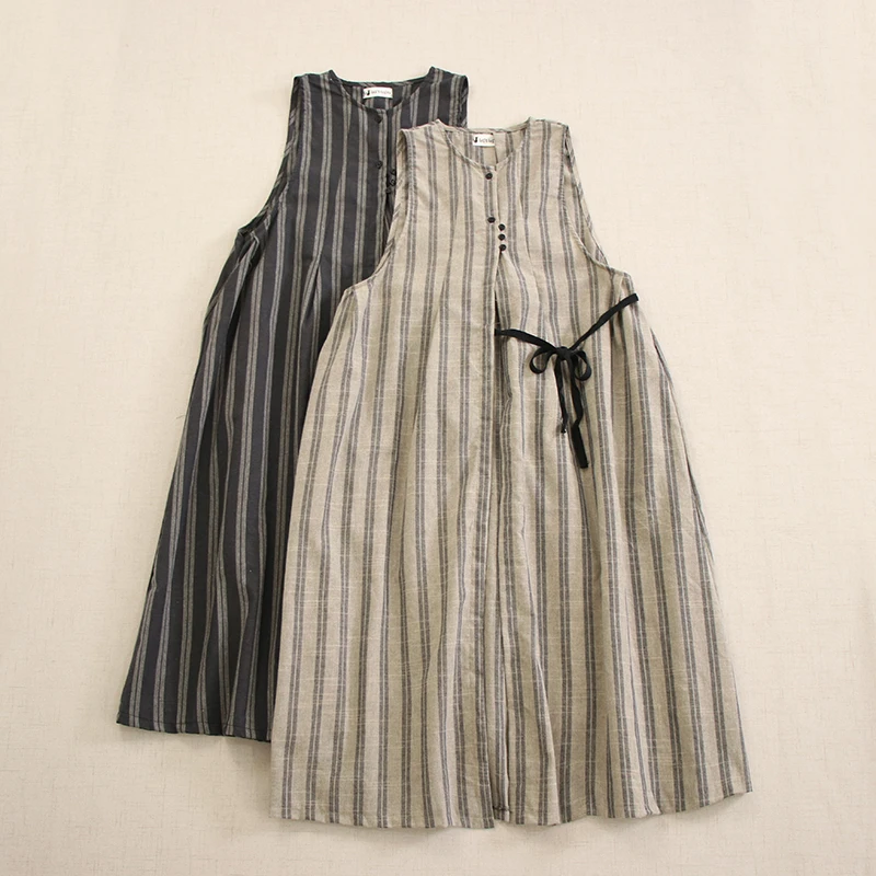 

Japanese Mori Girl Asymmetry Vintage Striped Belt Tank Dress Women Summer O-Neck Sleeveless Csual Loose Cotton Midi Dresses