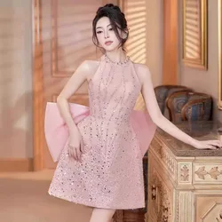 High Street New Fashion 2024 Women's Summer Sleeveless Big Bow Diamonds Sequins Beading Embroidered Flares Pink Party Dress