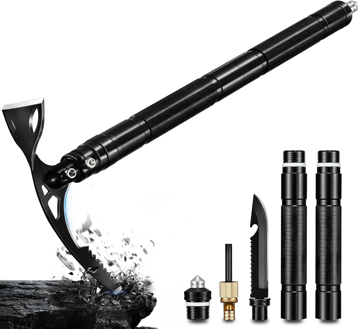 

8-in-1 Folding Pickaxe Mattock with Garden Hoe & Survival Knife, Stainless Steel for Digging, Ice Chipping, Weeding