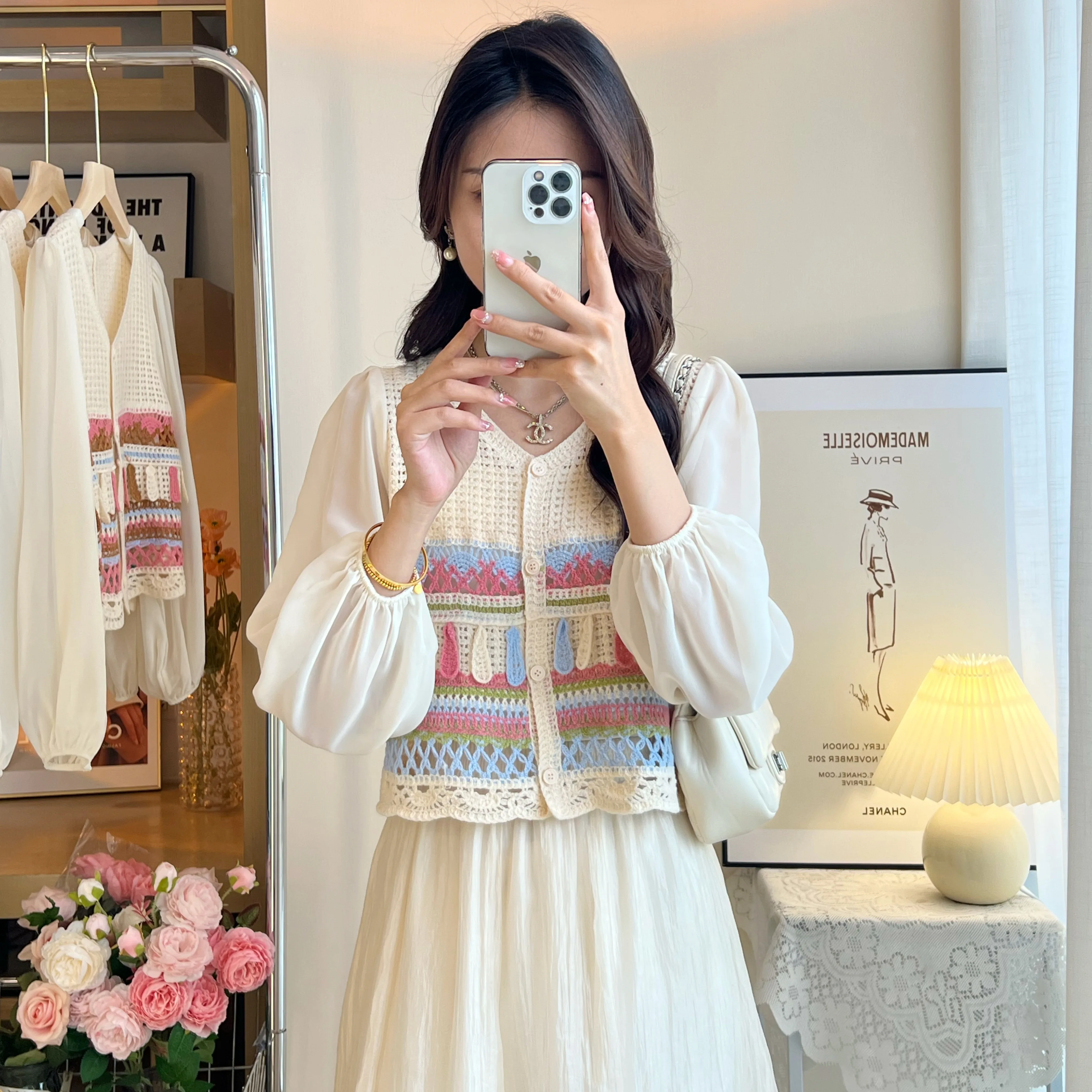 Women Tops Embroidery Crochet Top with Chiffon Sleeve Button Front Airy Shirts Sheer Open-knit Blouses Summer Vacation Outfit