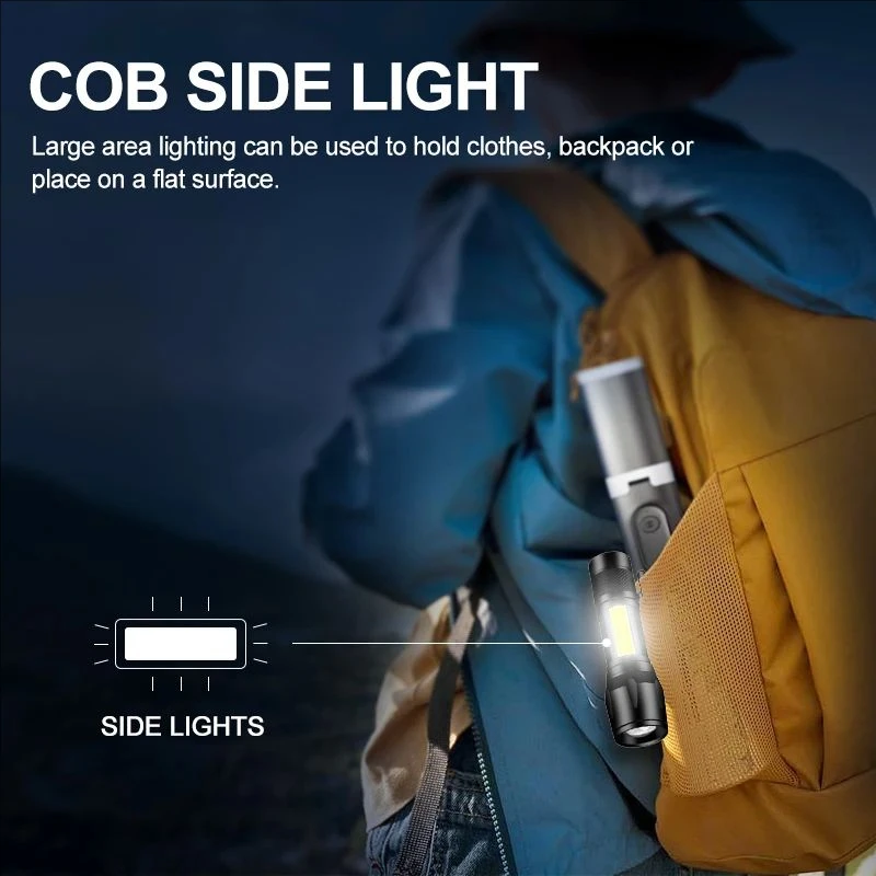 Portable USB Rechargeable Mini LED Flashlight Zoom COB Work Light Built-in Battery Torch Lamp 3 Mode Waterproof Emergency Light