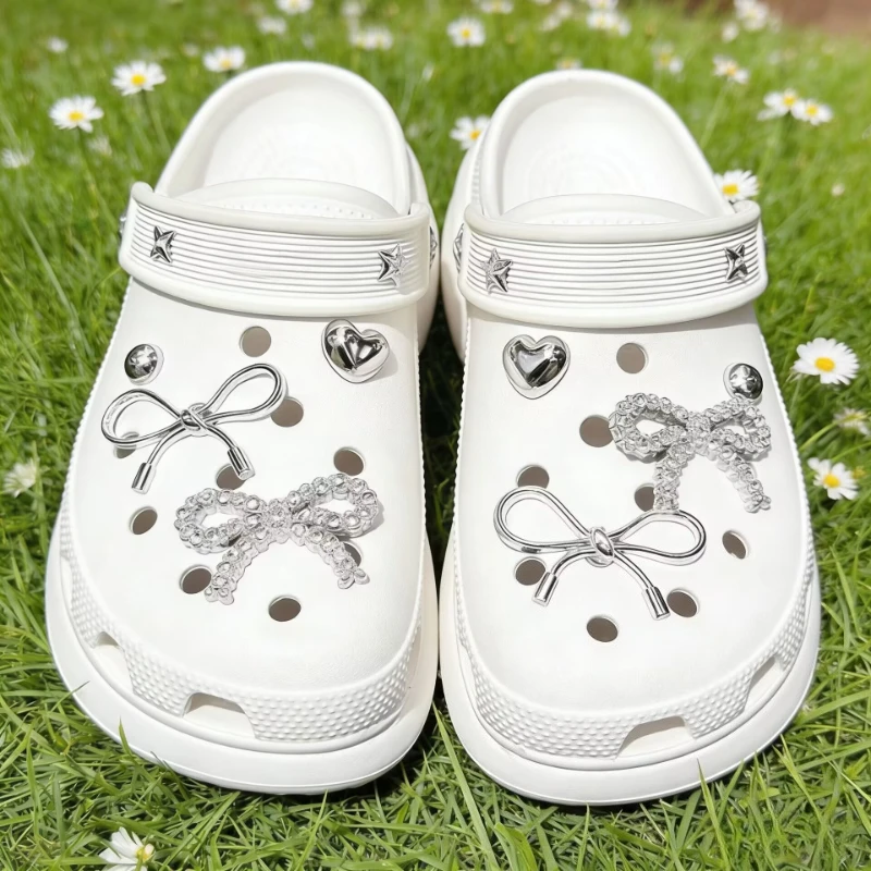 12Pcs Electroplated Silver Bow Tie Shoe Charms with DIY Hole for Girls Garden Shoe Decorations Designer Accessory Pack