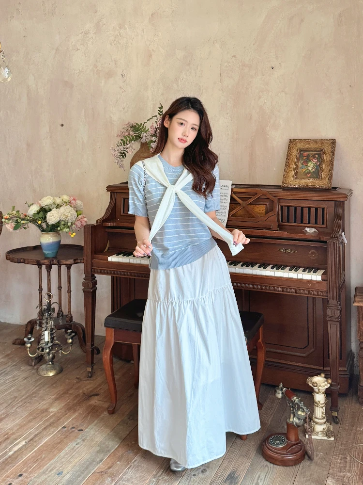 New NTS97 Women's Knitted Short Sleeve round Neck Stripe Shoulder Wrap Top Spring Summer Sweet Style Basic Versatile Design