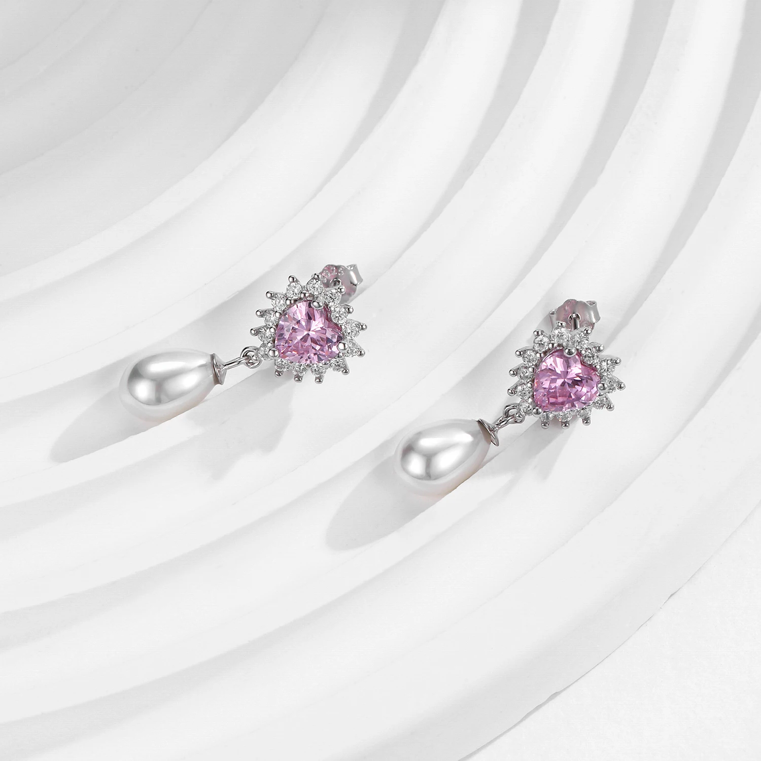 MODIAN 925 srebro serca różowa cyrkonia romantyczne kolczyki zwisające eleganckie kolczyki z muszlami i perłami dla kobiet Fine Jewelry — zdjęcie 6