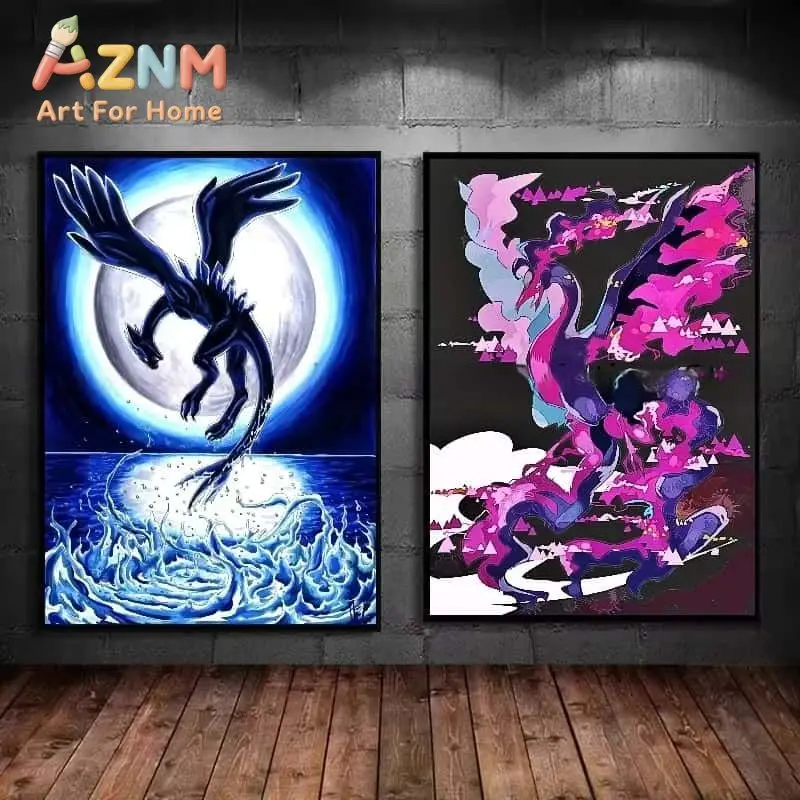 AZNM Pokemon Anime Canvas Wall Art Ho-oh Lugia Legendary Pokemon Moon Starry Sky Canvas Print Bedroom Home Decor Poster