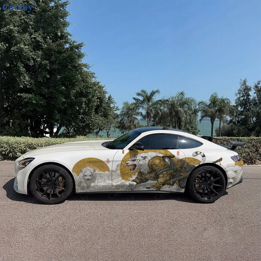 2pcs Gilded Armored Tiger Car Side Wraps, Self-Adhesive PVC Waterproof & Scratch-Resistant Stickers, Car Accessory Gift