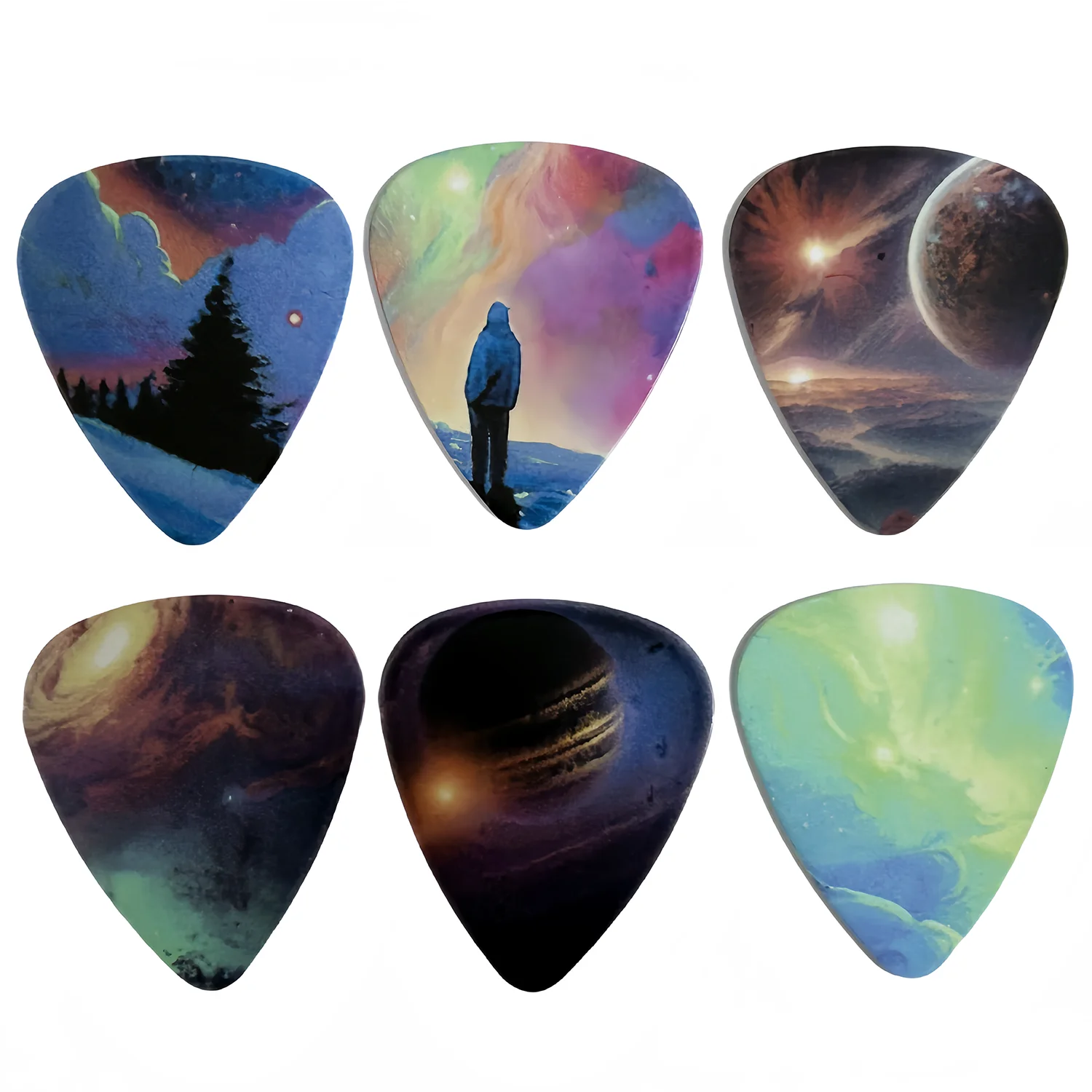 6 Pcs Original Sound Guitar Picks, Double-Sided Printed Ukulele Guitar Finger Shrapnel, Keychain Holster, Gift For Music Lovers