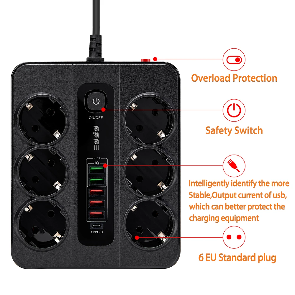 3000W EU Plug Strip Socket USB Power Strip USB Charge Station Adapter 6 AC Outlets Power Strip With Switch Extension Socket