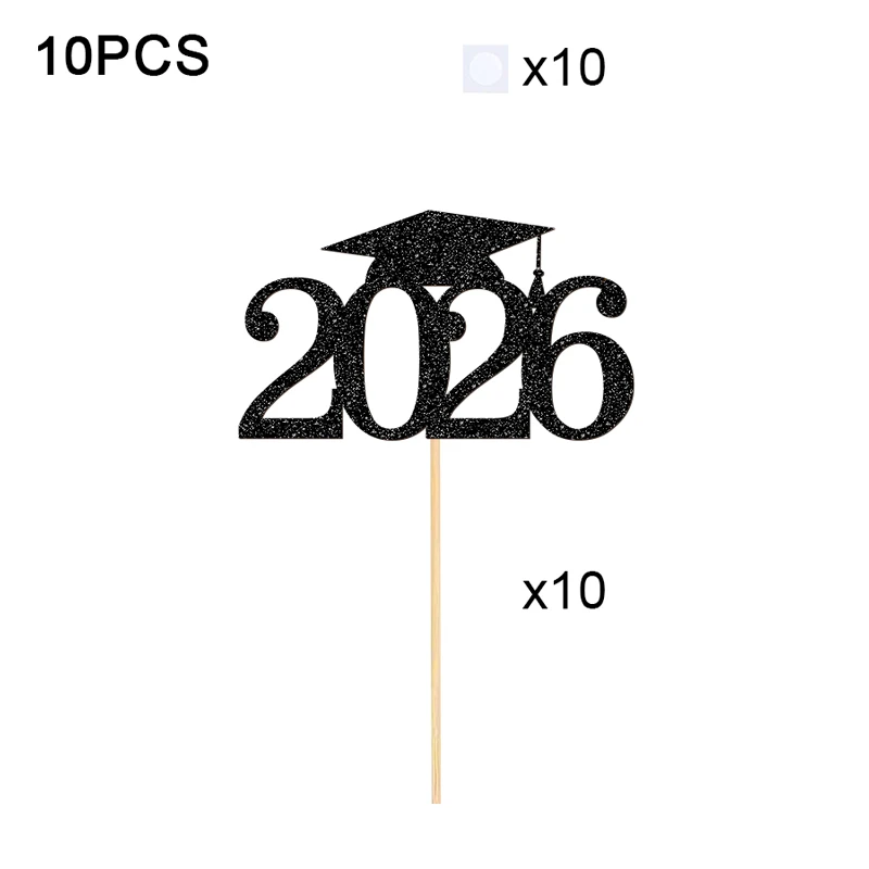 YOMDID 10 Stück 2026 Cupcake-Topper für den Abschluss, glitzernde Cupcake-Topper für 2026-Abschlusskappen mit langen Mittelstücken, Sticks – Detail 6