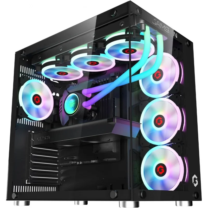 حافظة ألعاب كمبيوتر Midnight II Series Mid Tower، إضاءة ARGB+PWM مقاس 120 مم، زجاج مقسى، كمبيوتر مثبت مسبقًا 7 مراوح تبريد RGB