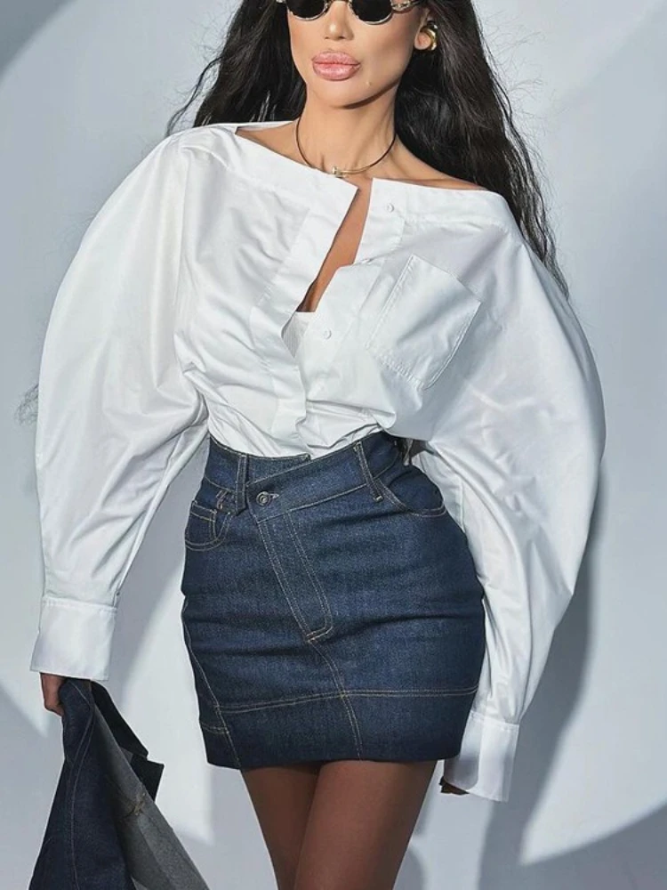 

White Shirts for Women Elegant O-neck Covered Button Cotton Shirt Ladies Long Sleeve Corset Tops Backless Blouses High Street