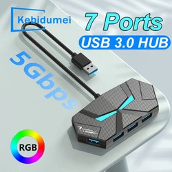 Estación de acoplamiento con 7 puertos USB 3,0 HUB tipo C, adaptador divisor de transmisión de alta velocidad de 5Gbps para ordenador portátil, disco duro, ratón y teclado