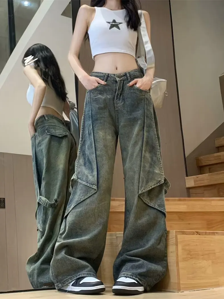 Y2K Vintage Straight Casual Wide Leg Jeans Women Streetwear All-Match Washed Denim Trousers Female Vintage 90S High Waist Pants