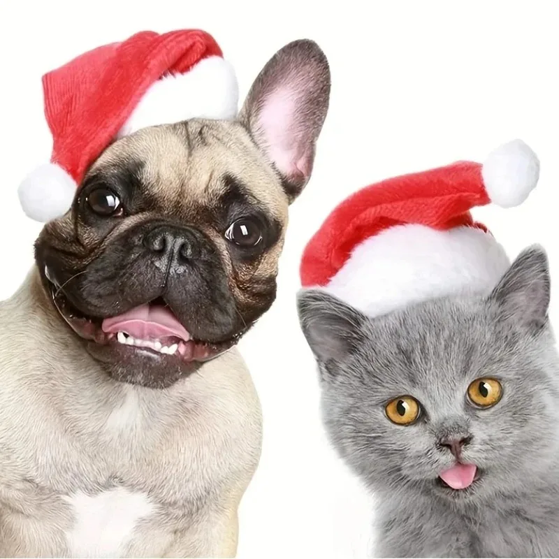 1-4PCS Luxury Plush Pet Christmas Hat Adjustable Drawstring Warm Velvet Dog Cat Santa Cap for Holiday Party Photo Prop
