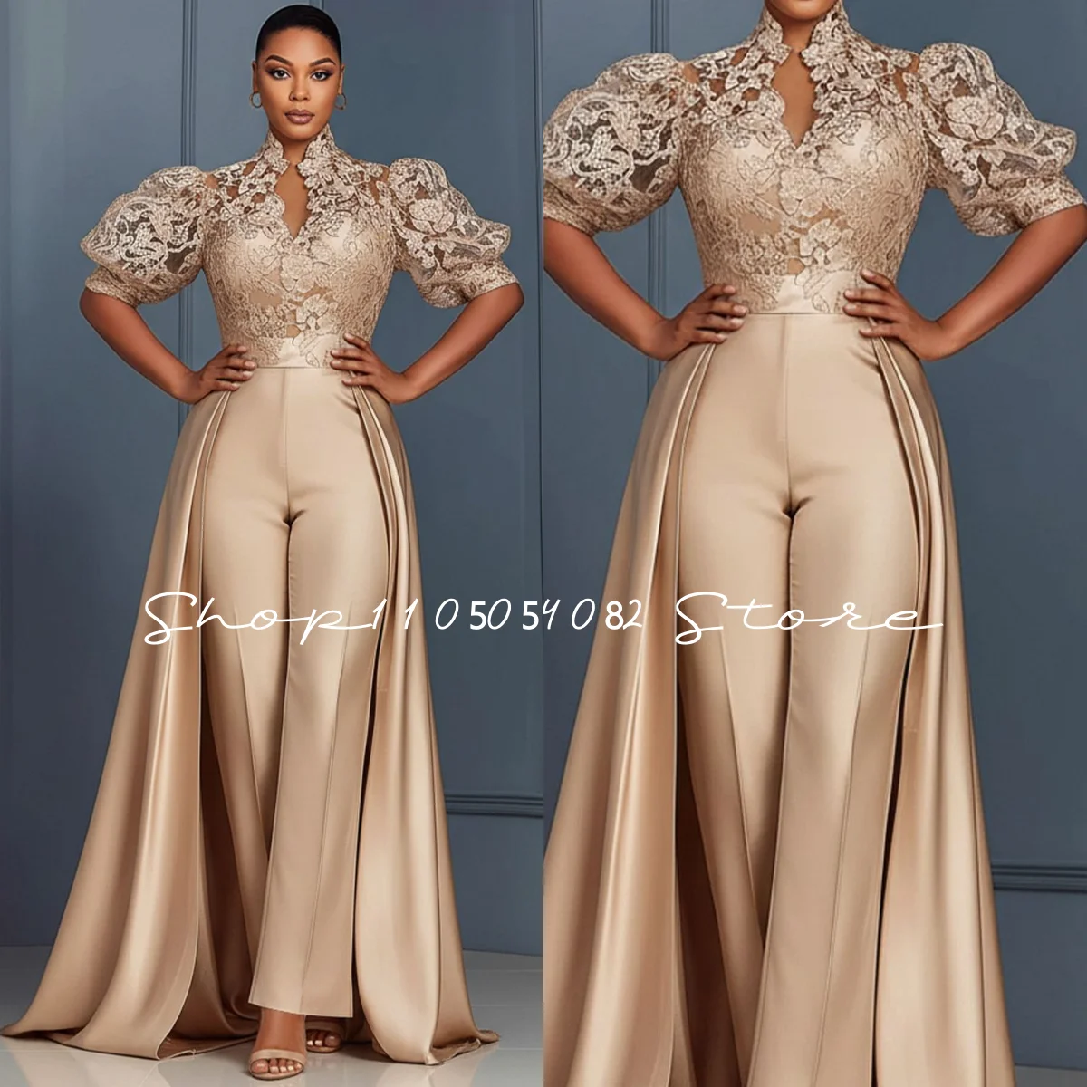 Champagne Trousers Mother Of the Bride Dresses with Trail Half Sleeve With  Aso Ebi African Mother Groom Gown Customsized