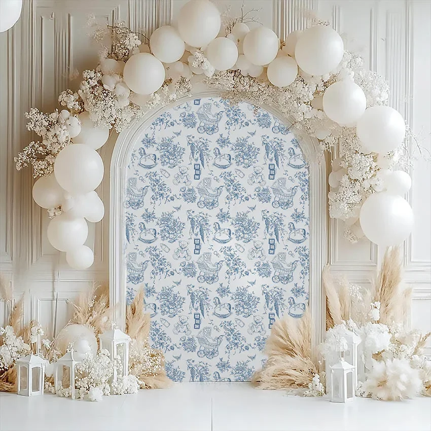 Mehofond Benutzerdefinierte 2-seitige Bär Blau Muster Floral Kind Geburtstag Party Baby Dusche Abdeckung Chiara Bogen Wand Hintergrund Dekor hintergrund