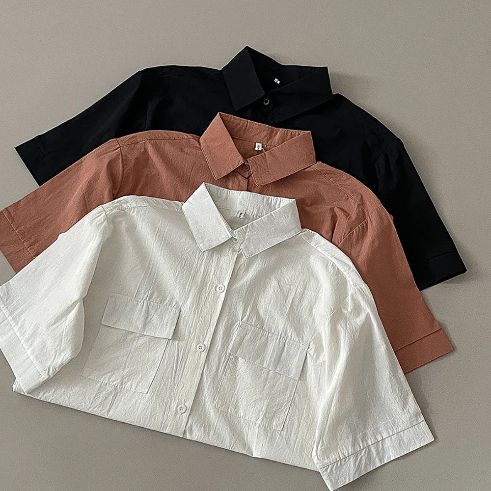 

Women Summer Casual Shirts Korean Style Ins Solid Pockets Turn Down Collar All-Match Shirt Daily Commute Single Breasted Blouse