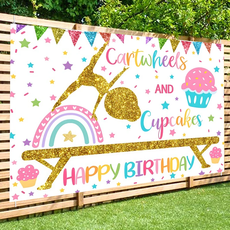 Backdrop Birthday Party Gymnastics Party Decorations Banner for Gymnast Girls Flip Tumble Jump and Play Photography Background