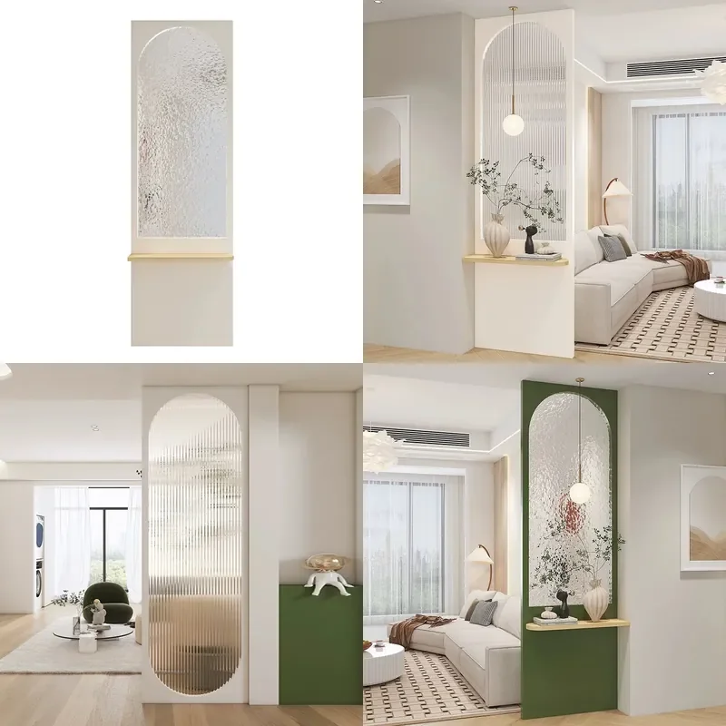 French Cream Solid Wood Partition with Fluted Glass Screen for Living Room Entryway Bedroom Washbasin Area Divider