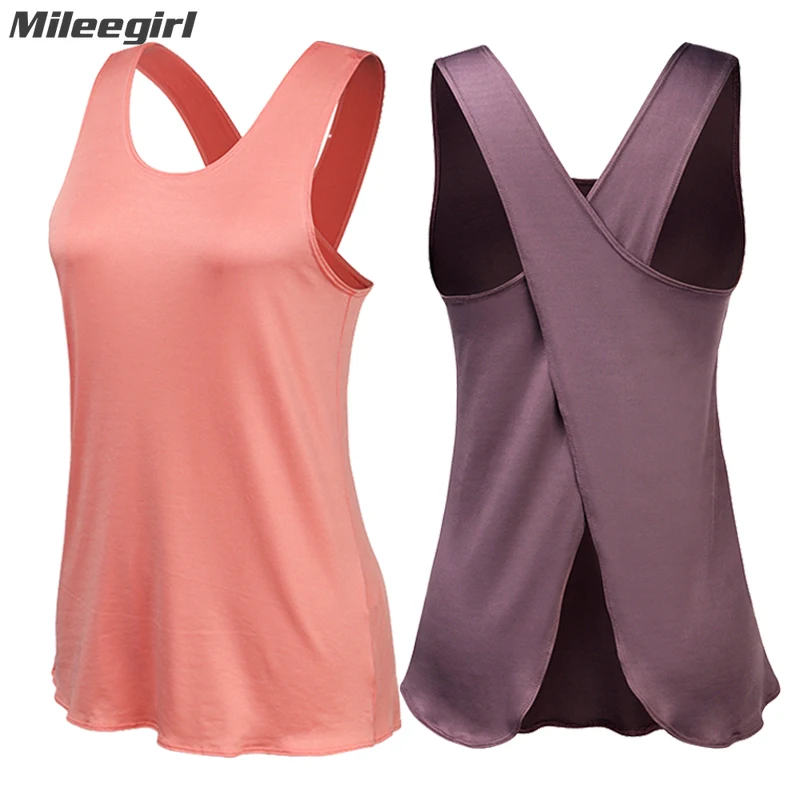 Mileegirl Cross Back Gym Top Women\'s Fitness Shirt Sleeveless Quick Dry Sports Yoga Vest Crop Top Workout Tops for Women