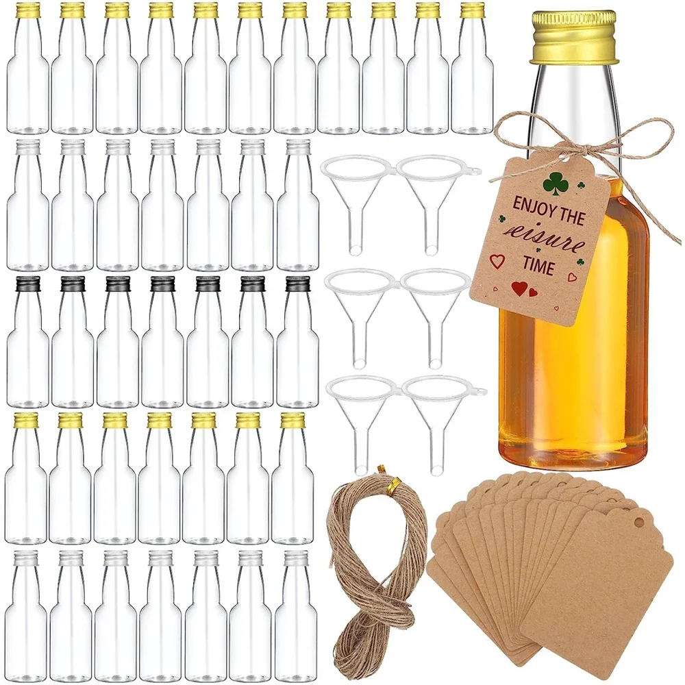 100PCS Mini Liquor Bottles Set 1.7oz Plastic Spirit Bottles Silver/ Gold Caps Alcohol Shot Bottles with Funnels Kraft Tags Rope