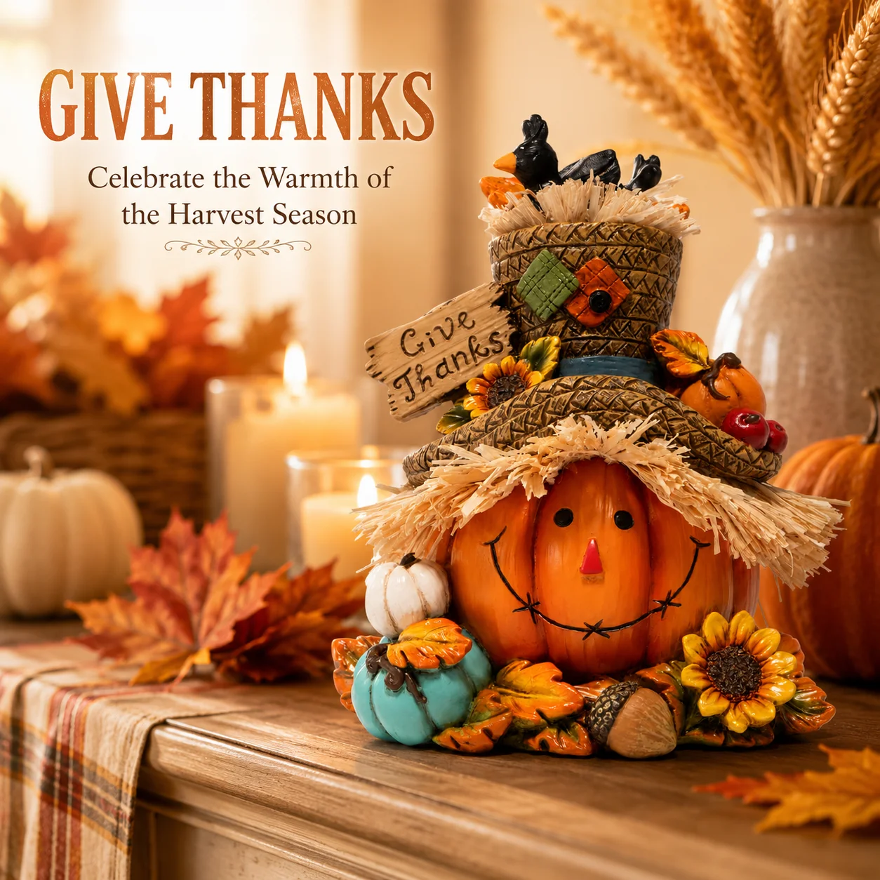 Hodao Resin Thanksgiving Harvest Scarecrow Figurine Figure Model, Pumpkin Face Autumn Decor with Give Thanks Sign & Cute Black Crows, Rustic Farmhouse Tabletop Statue with Straw Hat & Sunflower, Holiday Accent Ornament for Home Shelf Mantel Display 6
