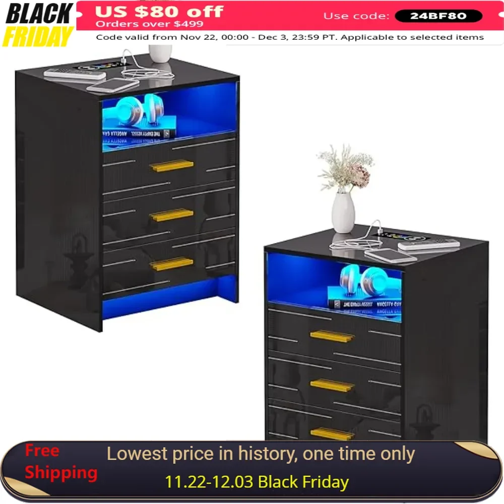 LED Nightstand Set of 2 with Charging Station High Gloss Night Stands Human Body Induction Bedside Table