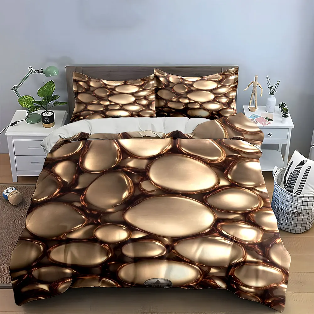 Champagne Metallic Pebble 3D Texture Duvet Cover Set, Bronze Trim Luxury Bedding Includes 1 Duvet Cover And 2 Pillowcase,Gift