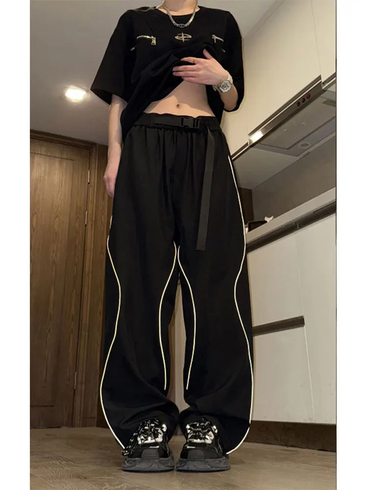 

Reflective Stripe Ice Silk Men's Summer Thin Straight Leg Wide Leg Casual Long Pants American Qui Dry Sports Trousers