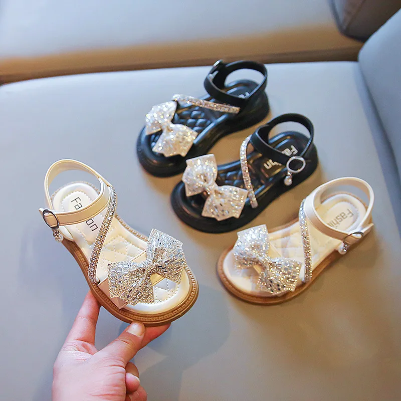 Girls Rhinestone Bow Sandals 2023 Summer New Children\'s Soft Bottom Wedding Shows Princess Shoes Open-toe Party Shoes H92