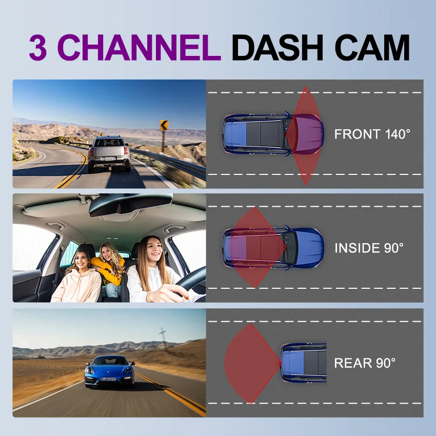 HD 1080P Triple Lens Dash Cam Car Camera Video Recorder Night Vision Wide Angle Black Box DVR with Rear View for Vehicle