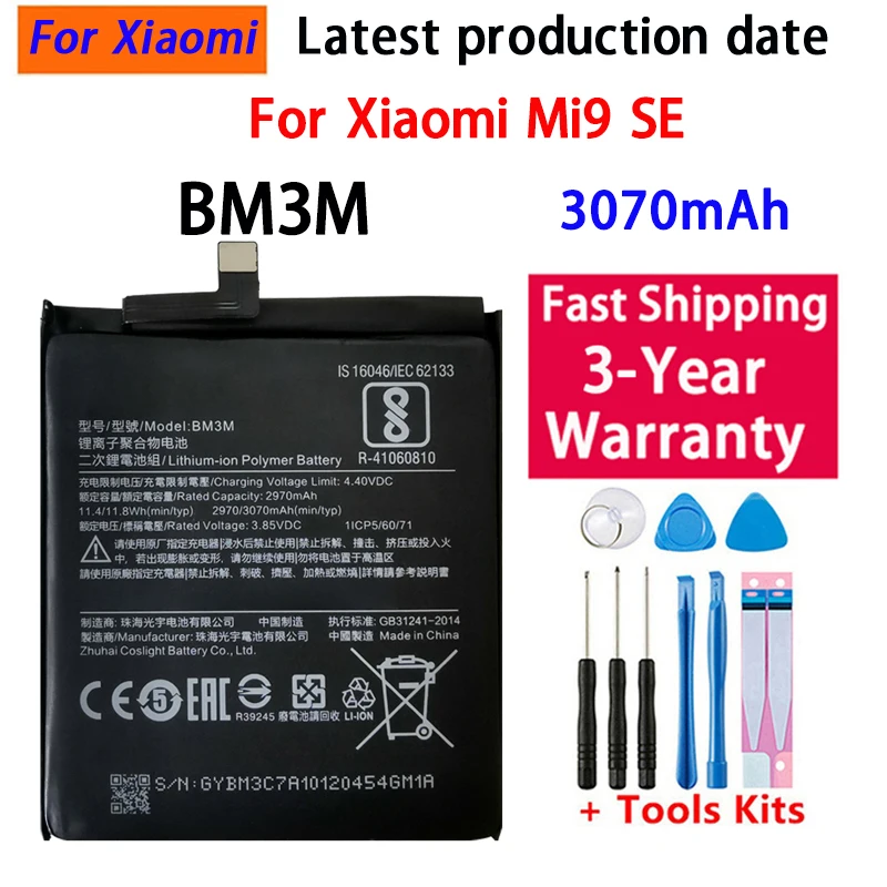 

Fast Shipping 100% Original Replacement Battery For XiaoMi Mi9 SE Mi 9SE BM3M Genuine Phone Battery 3070mAh+Free Tools