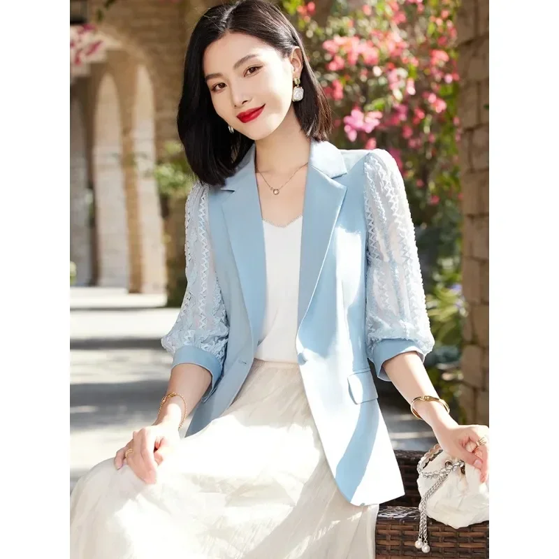 Spring Summer Women Formal Blazer Coat Ladies Female Apricot Blue Black Three Quarter Sleeve Business Work Wear Jacket