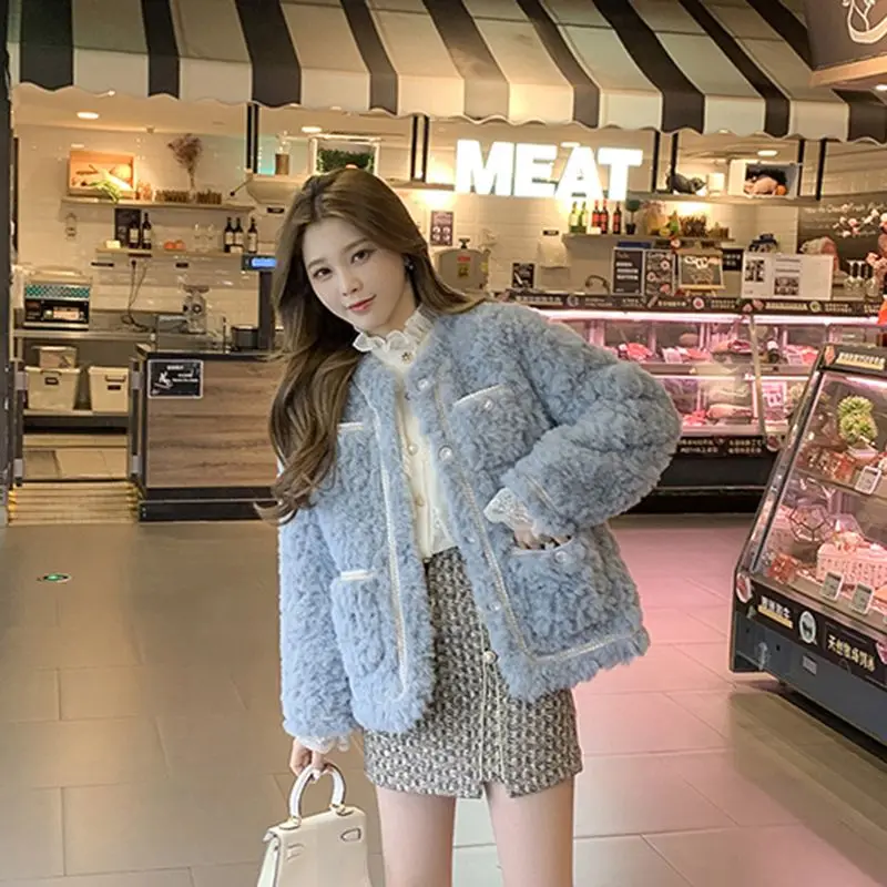 

Kawaii Women Clothes Faux Lamb Coat Streetwear Warm Faux Fur Coat Single-breasted Long Sleeve Thick Korean Chic Patchwork Jacket