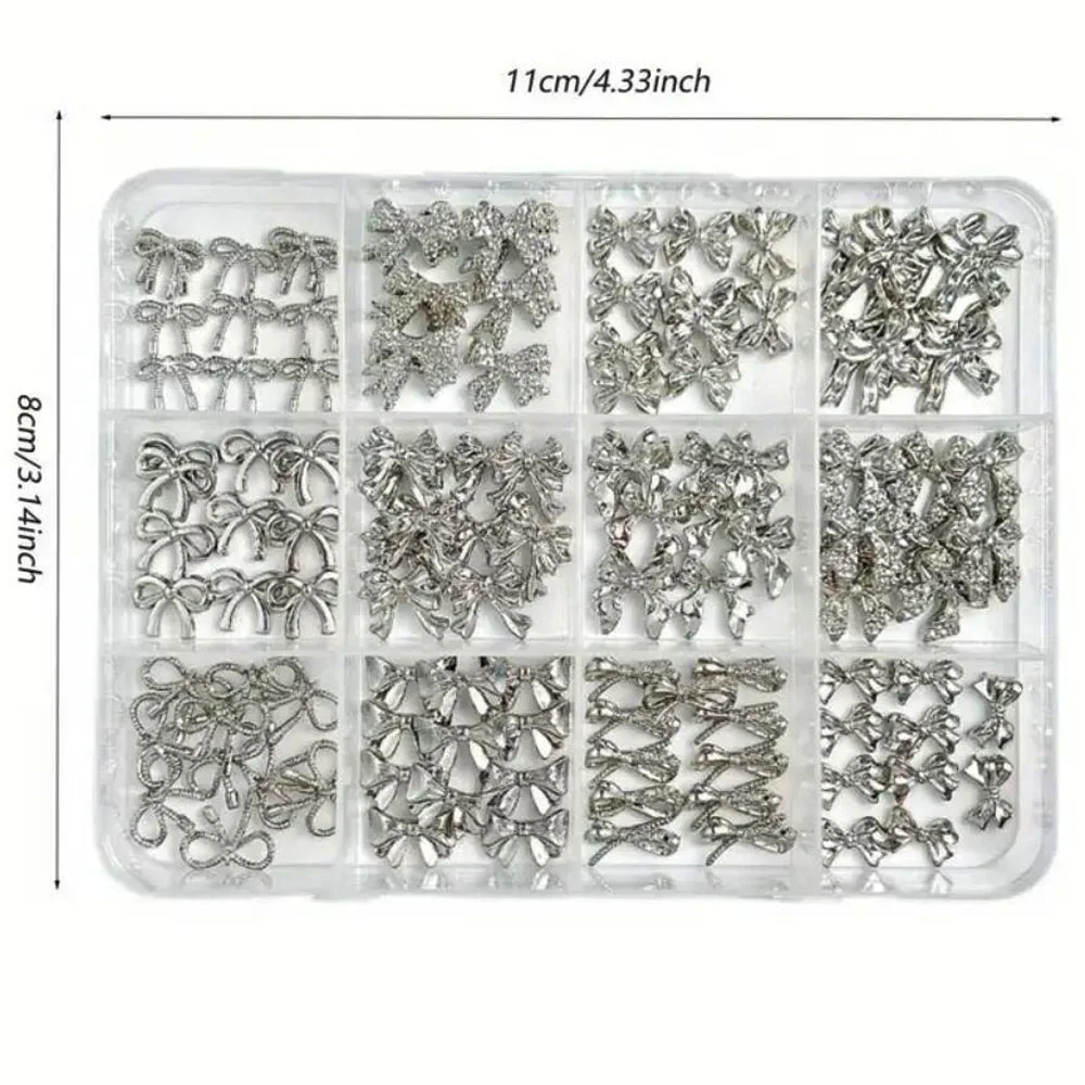 12Grids 3D Luxury Alloy BowsTies Nail Art Charms Minimalist Silver Ribbon Line Bows Wings Mixed Nail Decorations DIY Silver Nail